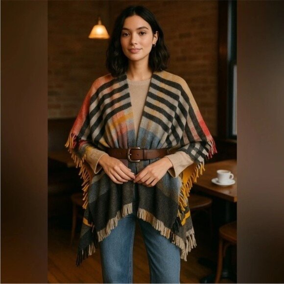 Anthropologie By Anthropologie – Colorful Striped Wool Blend Fringe Ruana Poncho - Picture 2 of 16